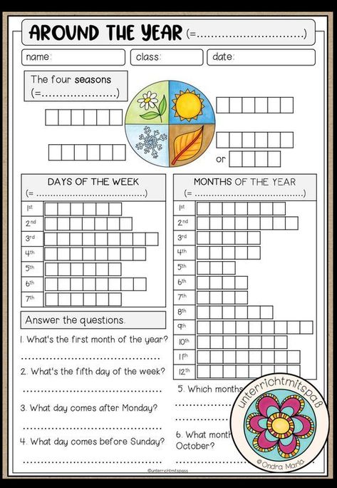 This is a fun ESL worksheet to practice the months, days of the week and seasons. Seasons Worksheets, Fun Worksheets For Kids, English Activities For Kids, English Exercises, Learning English For Kids, English Worksheets For Kids, Kids English, English Classroom, English Language Teaching