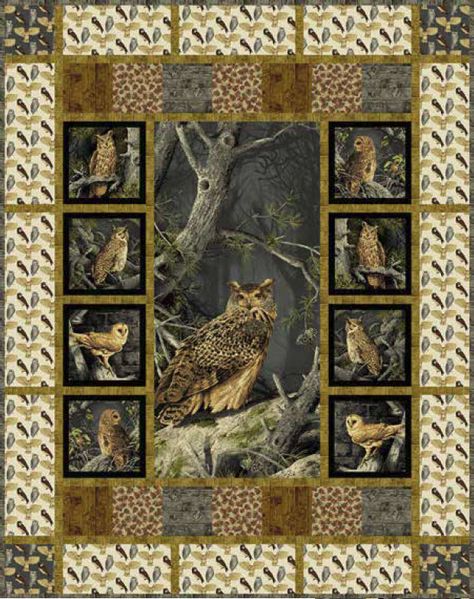 Majestic Woods - Wise Owl Free Quilt Pattern Owl Quilt Pattern, Mountain Quilt, Wildlife Quilts, Owl Quilts, Rustic Quilts, Panel Quilt Patterns, Owl Quilt, Fabric Panel Quilts, Mountain Quilts