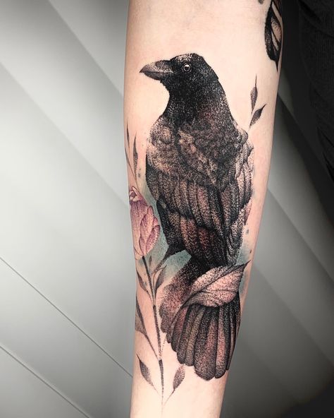 The raven and the colored peony By Faisal Al-lami @tattoo.sal ——- #dallastattooartist #dallastattoos #art #drawing #inked #color #blackandgreytattoo #raventattoo #crowtattoo #peonytattoo #watercolortattoo #sleevetattoo #realismtattoo #peakneedles #dfwtattoos #dallas #dfw #dfwtattooartist Raven And Crystal Tattoo, Iridescent Raven Tattoo, Crow With Flowers Tattoo, Crow With Flowers, Raven Tattoo Feminine, Someday Tattoo, Raven Tattoos, Rose Tattoo On Arm, Rose Tattoo Thigh