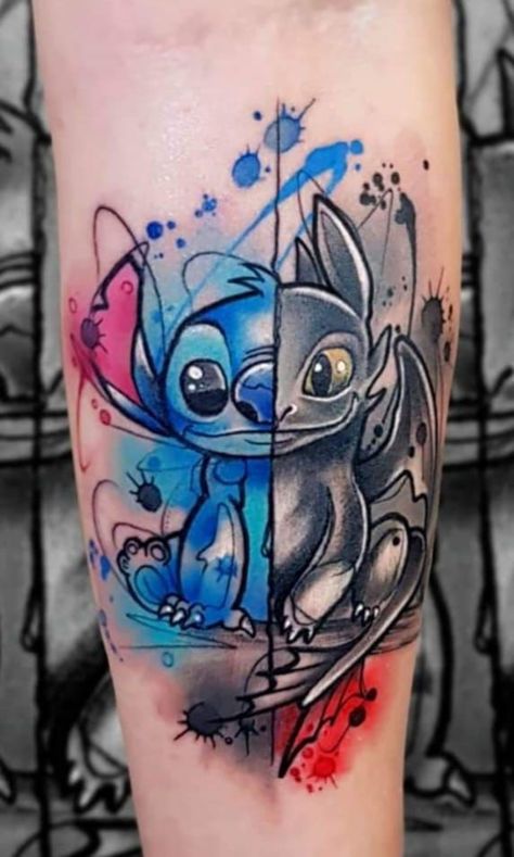 Toothless Tattoo, Disney Stitch Tattoo, Toothless And Stitch, Dragon Tattoo Ideas, Tiny Landscape, Stitch Tattoo, Men's Small Tattoo, Lilo And Stitch Drawings, Stitch Drawing