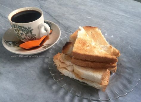 Typical Malaysia's breakfast - Kopi O with Roti Bakar Kaya (Toast Bread with Coconut Spread)  #kopio #rotibakar #malaysiabreakfast Malaysian Food, French Toast, Toast, Coconut, Bread