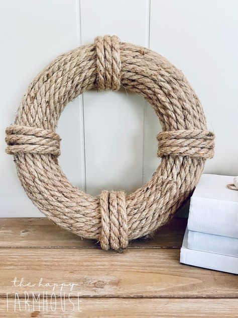 Rope Wreath Ideas, Nautical Rope Wreath, Life Preserver Ring, Rope Wreath Diy, Nautical Decor Diy, Lady Decluttered, Rope Wreath, Beach Themed Crafts, Nautical Diy