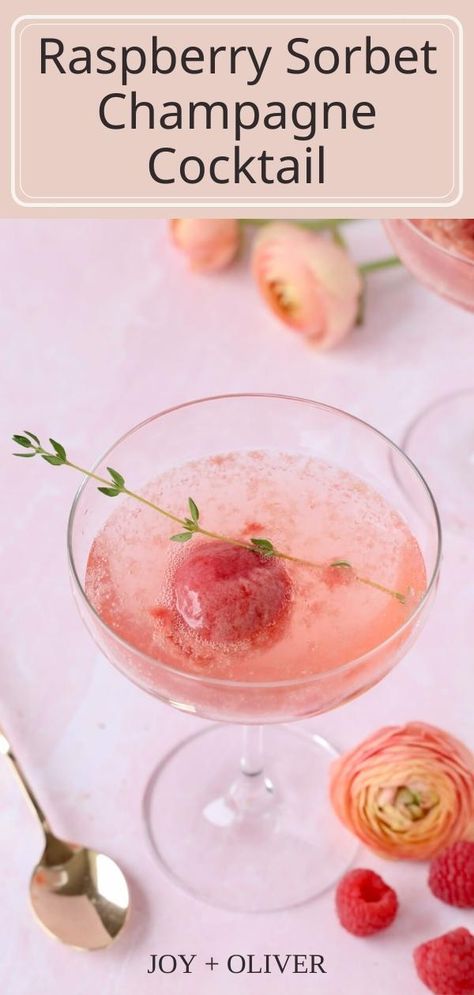 This perfectly pink Raspberry Sorbet Champagne Cocktail is a refreshing burst of flavor and a great way to celebrate Valentine's Day with your love. Raspberry sorbet is scooped into a champagne glass or coupe, topped with Cointreau for a pop of orange flavor, and finished off with your favorite champagne. Prosecco Sorbet Cocktail, Sorbet Champagne Cocktail, Spring Champagne Cocktails, Raspberry Sorbet Cocktail, Champagne Sherbet Punch, Sorbet Cocktail, Sorbet Champagne, Prosecco Sorbet, Catering Breakfast