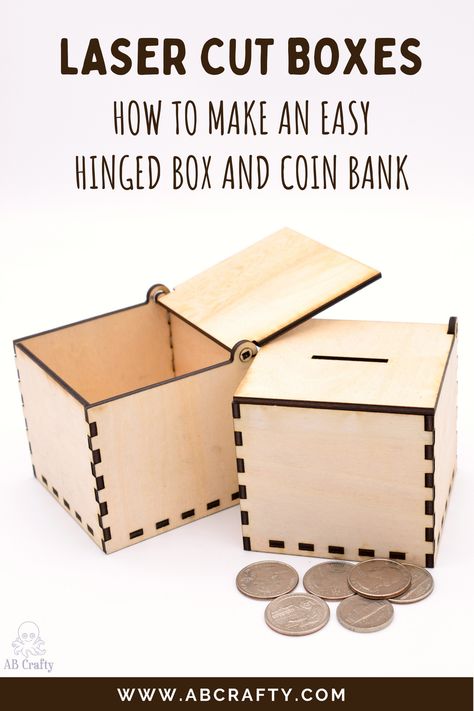 open laser cut box and laser cut coin box with coins in front. title reads “aser cut boxes - how to make an easy hinged box and coin bank, abcrafty.com" Diy Laser Cut, Laser Cut Decor, Triangular Prism, Laser Cut Box, Terra Cotta Pot Crafts, Laser Cut Wood Crafts, Laser Ideas, Pot Crafts, Laser Cut Jewelry