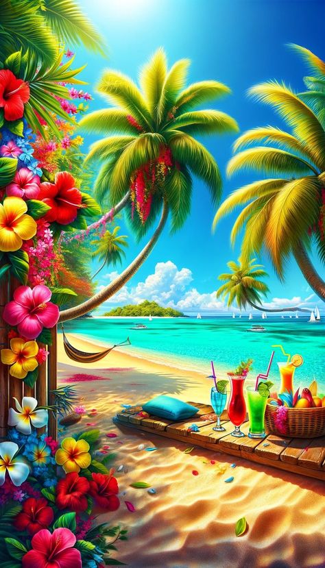 This 4k Ultra HD wallpaper captures the essence of a tropical paradise with its richly colored flowers framing a view of the turquoise sea, fluffy white clouds dotting the sky, and a hammock inviting relaxation. The foreground shows a sandy beach with colorful cocktails and a fruit basket, suggesting leisure and the joys of summer. The scene is a vivid reminder of the beauty of nature and the allure of a beach holiday. Beach Background Hd, 4k Ultra Hd Wallpapers, Island Flowers, Tree Wallpaper Iphone, Frames Design Graphic, Paradise Wallpaper, Ultra Hd Wallpaper, Beautiful Summer Wallpaper, Flower Background Iphone