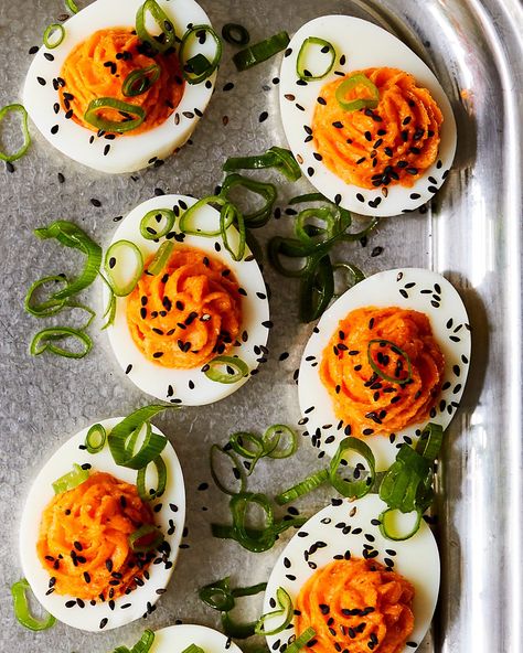 Gochujang devilled eggs Gochujang Eggs, Christmas Canapes, Egg Calories, Miso Recipe, Devilled Eggs, Deviled Eggs Easy, Chicken Liver Pate, Delicious Magazine, Christmas Food Dinner