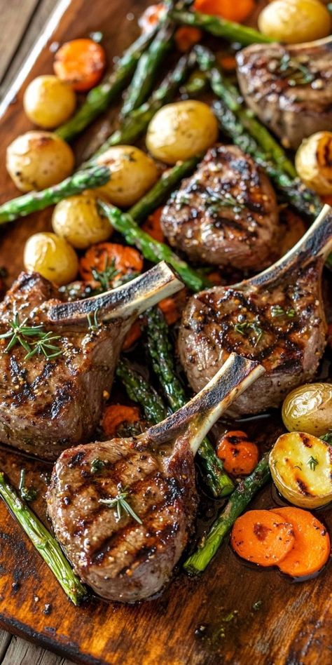 These Savory Grilled Lamb Chops are the perfect centerpiece for your next dinner party! With a blend of fresh herbs and a touch of garlic, each bite is packed with flavor. Paired with vibrant vegetables like asparagus, carrots, and roasted potatoes, this recipe is as delicious as it is beautiful. Impress your guests with this easy yet elegant dish! Teriyaki Lamb Chops, Lamb Recipes Chops, Lamb Dinner Ideas, Lamb Dinner Recipes, Oven Baked Lamb Chops, Dinner Party Recipes Elegant, Easy Lamb Chop Recipes, Marinated Lamb Chops, Easy Lamb Chops