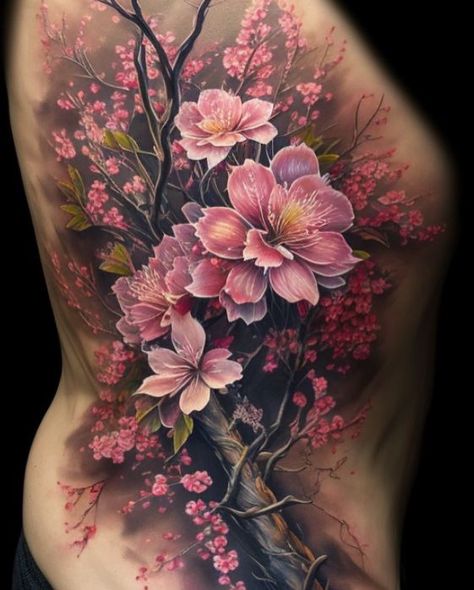 Cherry Blossom Tree Tattoos, Large Cherry Blossom Tattoo, Cherry Blossom Tree Tattoo On Back, Japanese Tree Tattoo, Cherry Tree Tattoo, Tree Heart Tattoo, Trees Tattoos, Nostalgia Tattoo, Japanese Cherry Blossom Tattoo