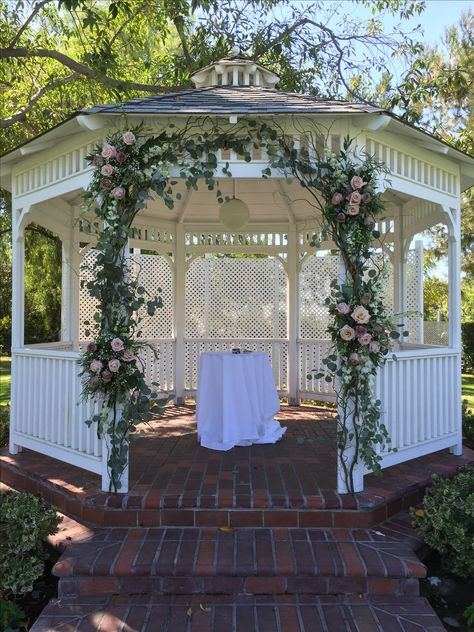 Alta Vista Country Club Wedding Gazebo Decor Orange County Weddings  Garland Diy Wedding Gazebo, Wedding Gazebo Flowers, Gazebo Wedding Ceremony, Gazebo Wedding Decorations, White Gazebo, Wedding Gazebo, Gazebo Decorations, Halloween Themed Wedding, Gazebo Wedding