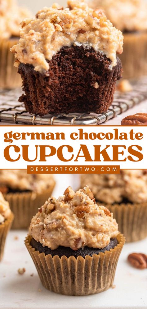 Want more easy Father's Day desserts? Here's a Father's Day cupcake recipe! Complete with a coconut pecan frosting, this small batch of German chocolate cupcakes from scratch is unlike any other! Chocolate Cupcakes From Scratch, German Chocolate Cupcakes, Easy Impressive Dessert, 4 Cupcakes, Pecan Frosting, Coconut Pecan Frosting, Small Batch Baking, Easy Chocolate Desserts, Recipes With Few Ingredients