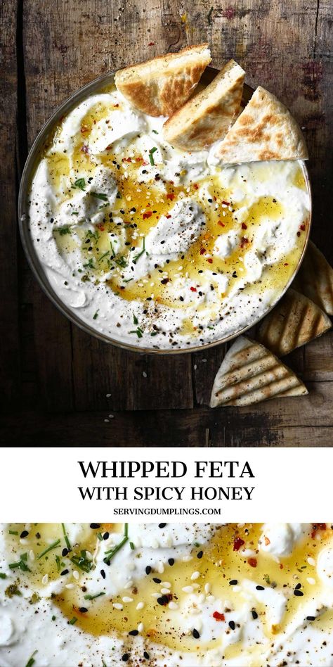 Whipped feta dip with spicy honey Whipped Feta Dip, Feta Dip, Whipped Feta, Spicy Honey, Läcker Mat, Deilig Mat, Yummy Appetizers, I Love Food, Appetizer Snacks