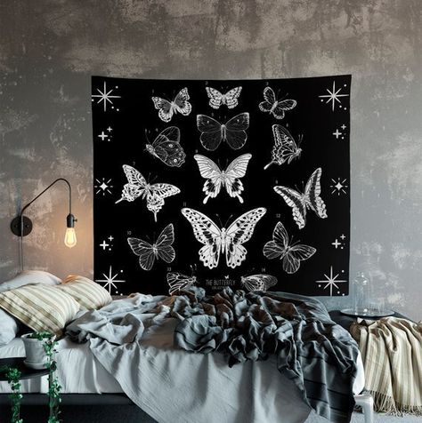 Butterflies Tapestry - Black and White - Goth Butterflies - Dorm Tapestry - Butterfly collection by DesignBohemian #tapestry #artnouveau #bohodecor Tapestry Butterfly, Butterfly Tapestry, Boho Decor Inspiration, Boho Chic Bedding, Purple Wall Decor, Mandala Bedding, Purple Goth, White Goth, Purple Bedroom