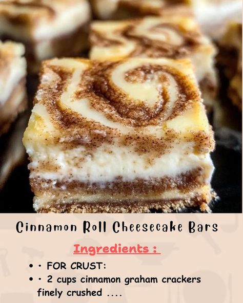 Ingredients: For the Crust: 2 cups cinnamon graham crackers, finely crushed ⅓ cup butter, melted... Recipes Using Cinnamon Graham Crackers, Cream Cheese Cinnamon Bars, Crushed Graham Cracker Recipes, Sheet Pan Cheesecake Bars, Graham Cracker Crust Recipe Desserts, Cinnamon Roll Bliss Bars, Cinnamon Swirl Cheesecake Bars, Cinnamon Cream Cheese Bars, Desserts With Graham Cracker Crust