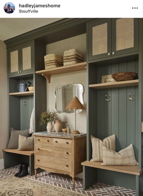 Entryway Armoire, Sage Green Laundry Room, Small Mudroom Ideas Entryway, Small Mudroom Ideas, Interior Design Secrets, Laundry Room/mudroom, Cozy Studio Apartment, Armoire Entree, Mudroom Bench Seat