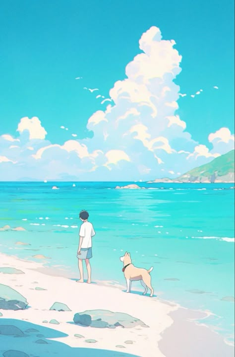 Anime Summer Illustration, Beach Drawing Anime, Anime Beach Scene, Beach Anime Aesthetic, Beach Shore Drawing, Beach Anime Art, Beach Drawing Reference, Anime Summer Wallpaper, Summer Anime Art