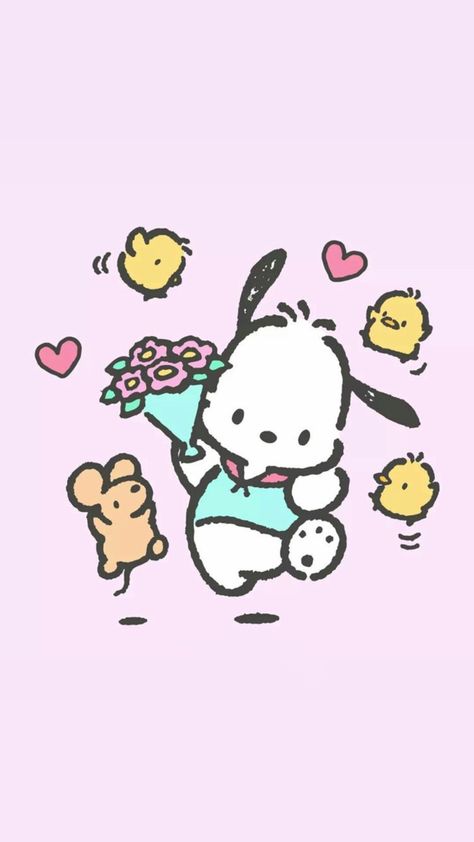 valentine's day heart themed sanrio pochacco phone wallpaper background for iphone and samsung Valentine Drawing, Valentine Cartoon, Background For Iphone, Kawaii Valentine, Valentines Wallpaper Iphone, Valentines Day Cartoons, Valentines Day Drawing, Sanrio Pochacco, Kitty Drawing