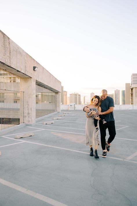 Unique Rooftop Parking Garage Family Photos by Oahu Hawaii Family Photographer Desiree Leilani Family Parking Garage Photoshoot, Family Photos Parking Garage, Parking Garage Maternity Photos, Rooftop Family Photoshoot, Holiday Family Photos, Rooftop Engagement, Rooftop Photoshoot, 2024 Family, Family Holiday Photos