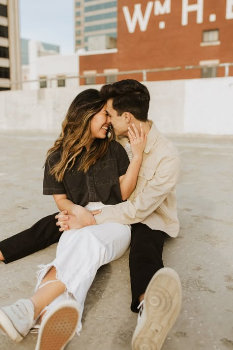 Engagement Pictures Rooftop, Engagement Photoshoot Ideas Casual, Casual Rooftop Engagement Photos, Rooftop Couple Photoshoot Formal, Couple Photography Poses In The City, Parking Lot Engagement Photos, Rooftop Parking Garage Engagement Photos, Casual Engagement Pictures City, Rooftop Couples Session