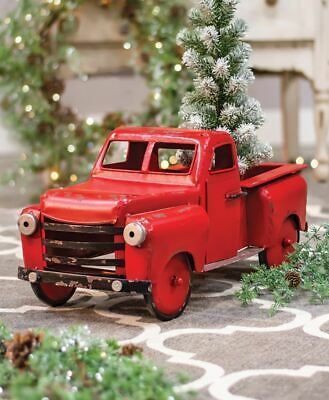 Farmhouse Truck, Red Farmhouse, Classic Christmas Decorations, Vintage Red Truck, Home Inside, Metal Figurines, Country Christmas Decorations, Vintage Farmhouse Decor, Farmhouse Holiday