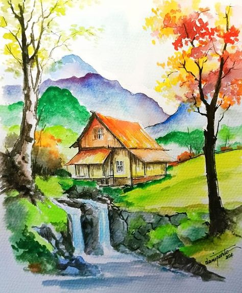 Water Pencil Colour Painting, Indian Village Watercolor Painting, Senery Pic Drawing Watercolor, Village Painting Easy, Village Painting Indian Landscape, Watercolor Art Landscape Village, Watercolour Scenery Painting, Pencil Colour Landscape, Landscape Drawings Pencil Colour