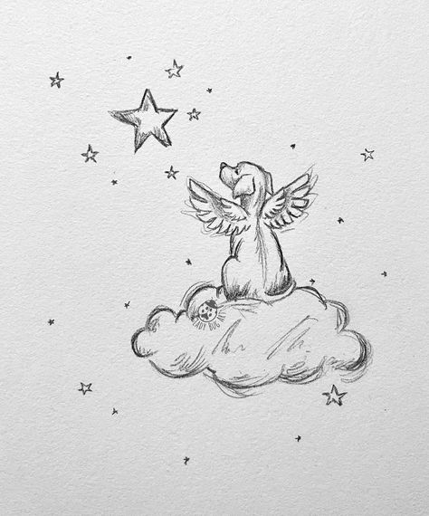 Passed Pets Quotes, Pets In Heaven, Angel Puppy Tattoo, Puppy Memorial Ideas, Memorial Drawings Ideas, Angel Dog Drawing, Dog With Wings Drawing, Dog Heaven Tattoo, Dog In Heaven Tattoo