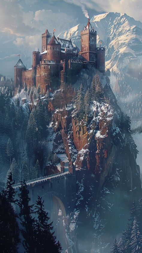 Winterfell Book Art, Snow Castle Art, Castles In Mountains, Kingdom Art Fantasy Castles, Castle Carved Into Mountain, Snowy Mountains Fantasy Art, Snowy Mountain City Fantasy Art, Winter Kingdom Fantasy Art, Mountain Castle Fantasy Art