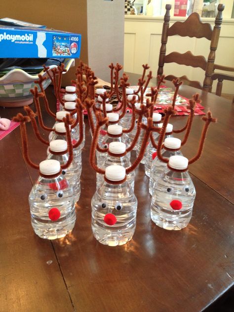 Reindeer Waters, reindeer, water bottles, Christmas, decorations, craft, selections by sisters Winter Class Gifts For Kids, Christmas Snacks For Party Kids, Christmas Snacks For School Party, Christmas Snacks For Kids School Party Prepackaged, Kindergarten Winter Party Ideas, Winter Class Party Ideas, Holiday Class Party Ideas, Winter Festival Ideas, Winter Party Food Ideas