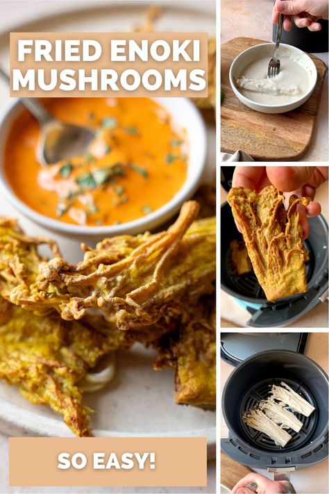 Enoki Mushroom Recipe Air Fryer, Air Fryer Enoki Mushroom, Air Fried Enoki Mushrooms, Enoki Mushroom Recipe, Spicy Dipping Sauce, Fresh Eats, Fried Mushrooms, Vegan Fish, Asian Grocery