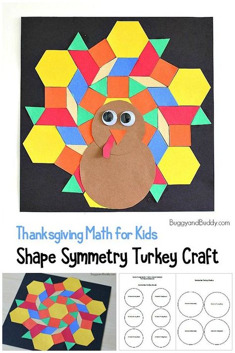 Shape Symmetry Turkey Craft: Thanksgiving and fall math activity for kids using paper shapes with free printable template! #thanksgiving #thanksgivingcraft #fallcraft #craftsforkids #kidscrafts #shapes #shapeactivity #patternblocks #mathforkids #symmetry #firstgrade #kindergarten #turkeycraft #buggyandbuddy Thanksgiving Kindergarten Art, Turkey Shapes, November Crafts For Kids Art Projects, November Crafts For Kindergarten, Turkey Craft Kindergarten, Fall Math Craft, Thanksgiving Mosaic Craft, Shape Turkey, Thanksgiving Stem Activities For Kids