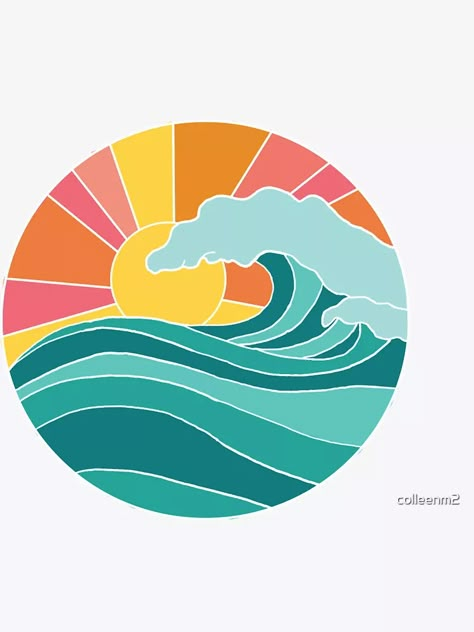 " Sunset Ocean circle" Sticker for Sale by colleenm2 | Redbubble Easy Ocean Drawings, Circle Art Design, Hoodie Business, Sunset Illustration, Ocean Drawing, Hand Art Kids, Wave Drawing, Painted Wooden Signs, Circle Canvas