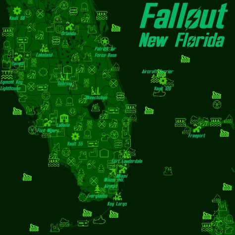 Fallout: New Florida (Concept Map) by u/robinrako. Fallout Rpg Maps, Fallout New Vegas Map, Fallout Miami, Fallout Ttrpg, Florida Meme, Fallout Tactics, Fallout Map, Fallout Artwork, Fallout Aesthetic