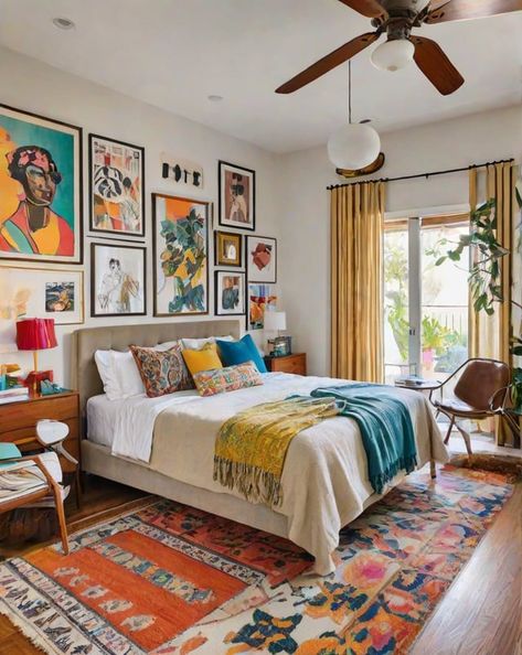 Bedroom with a bed, chair, and various decorations on the walls and floor. - Design Ideas AI Soft Colorful Bedroom, Eclectic Guest Room, Eclectic Bedroom Aesthetic, Rental Bedroom Ideas, Colorful Guest Bedroom, Arty Bedroom, Linkedin Ideas, Colorful Eclectic Bedroom, Eclectic Bedroom Ideas