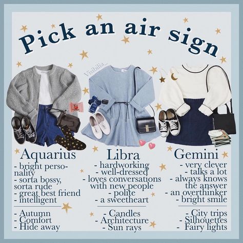 Mahalia 🌼 on Instagram: “𝙕𝙤𝙙𝙞𝙖𝙘: 𝘼𝙞𝙧 𝙨𝙞𝙜𝙣𝙨 • Are you an air sign? Do you believe in astrology? I got lots of sweet reactions on my poll if I should do a zodiac…” Zodiac Signs Outfits, Zodiac Clothes, Outfit Bts, Aquarius Aesthetic, Zodiac Sign Fashion, Aquarius Truths, Gemini And Libra, Niche Memes, City Silhouette