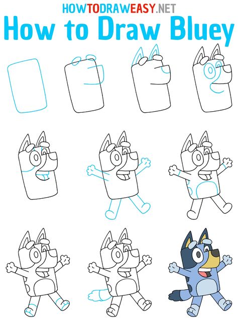 How to Draw Bluey Step by Step #Bluey #DrawingBluey #BlueyDrawing #HowtoDrawBluey #BlueyPuppy #PuppyDrawing #CartoonDog #CartoonDrawing #DrawingGuides Bluey Cartoon Sketch, Draw Bluey Step By Step, Bluey Cartoon Drawings Easy, Bluey Cartoon Watercolor, Bluey Bingo Drawings, Bluey Bingo Painting, Bluey Cartoon Painting, Bluey Drawing Kids, Bluey Characters Drawing