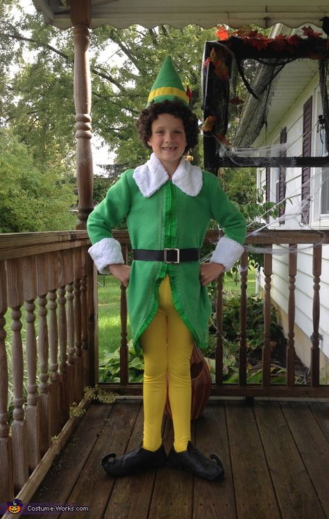 Natasha: My son is wearing this costume. He asked me to make it due to Elf being his favorite movie. The only thing bought was the shoe base and wig. Everything... Christmas Elf Costume Diy, Buddy The Elf Costume, Diy Elf Costume, Christmas Character Costumes, Coco Costume, Elf Costumes, Christmas Showcase, Diy Elf, Elf Party