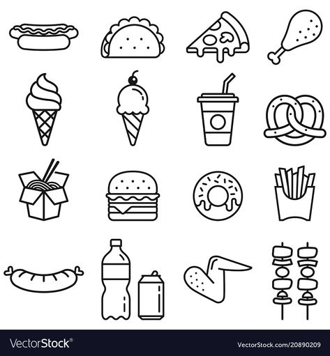 Fast food icons Royalty Free Vector Image - VectorStock Food Drawing Easy, Pizza Drawing, Pizza Logo, Zestaw Ikon, Food Doodles, Food Clipart, Doodle Art Journals, Doodle Icon, Easy Drawings For Kids