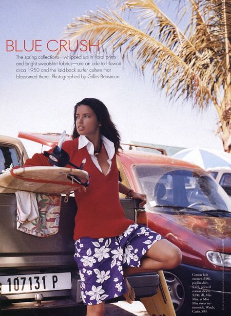 Adriana Lima Magazine, Crush Photography, Surfer Girl Aesthetic, Gilles Bensimon, Adriana Lima Young, Girl Surfer, Vintage Stussy, Elle Us, Roxy Surf