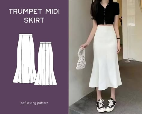 Trumpet Skirt Pattern Skirt Sewing Pattern Midi Skirt - Etsy Sewing Patterns Skirt Long, Long Skirts Patterns, Mermaid Skirt Sewing Pattern, Fit And Flare Skirt Pattern, Midi Skirt Ideas, Free Midi Skirt Pattern, Womens Dress Patterns Sewing, Bell Skirt Pattern, Simple Skirt Pattern Diy