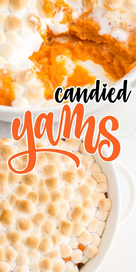 Cooked yams are mashed with melted butter and maple syrup, vanilla and brown sugar; then topped with a huge pile of mini marshmallows then toasted to perfection. Pop this casserole in the oven and make the kiddos' eyes light up when you tell them to eat their vegetables for Thanksgiving dinner. A perfect side dish. Homemade Yams With Marshmallows, Stove Top Candied Yams, Candied Yams Easy, Candied Yams With Marshmallows, Best Candied Yams Recipe, Yams With Marshmallows, Southern Candied Yams, Mashed Yams, Baked Candied Yams