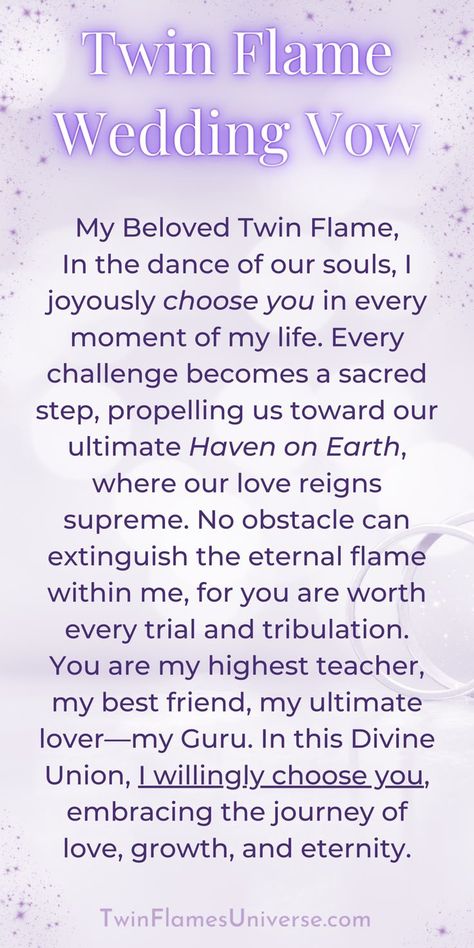 Twin Flame Union: Celebrating Our Wedding Vows as Husband and Wife - Celebrate unified love with this inspirational collection of Twin Flame wedding vows. Embodied with Divine Masculine and Feminine energy, these romantic promises beautifully blend the essence of love, marriage, and eternal commitment, igniting inspiration for your union ceremony. #twinflame #twinflamerelationship #twinflameaffirmations #relationship #twinflamelove #twinflamejourney #twinflamemarriage #twinflameconnection #love Twin Flame Wedding, Divine Masculine And Feminine, Masculine And Feminine Energy, Twin Flame Union, Twin Flame Relationship, Divine Masculine, Eternal Flame, Twin Flame Love, Masculine And Feminine