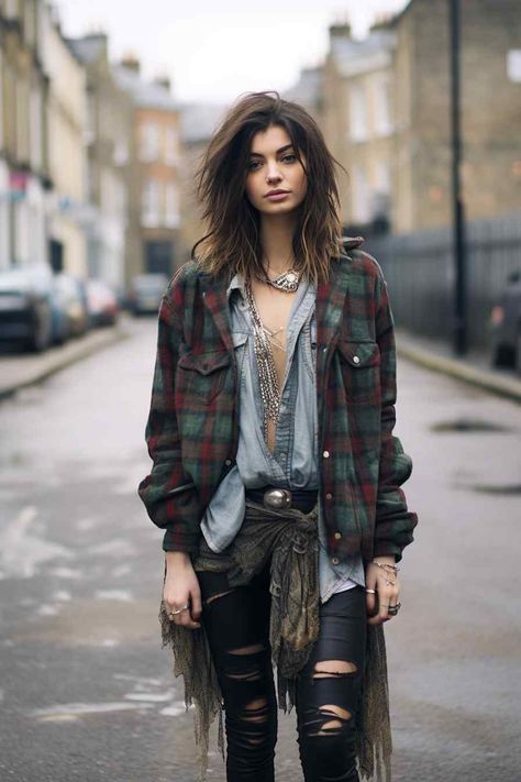 Grunge Boho Outfits, Grunge Flannel Outfits, Grunge Chic Outfits, 1990s Fashion Grunge, Cute Grunge Outfits, Boho Flannel, Grunge Flannel, Concept Fashion, Bohemian Grunge