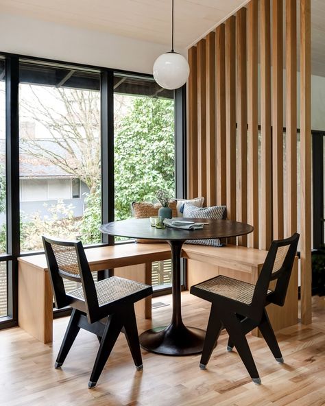 Jessica Nelson Design (@jessicanelsondesign) • Instagram photos and videos Wood Slat Accent Wall, Slat Accent Wall, White Built Ins, Mid Century Dining Room, Relaxing Home, Accent Wall Ideas, Wood Slat Wall, Mercer Island, Slatted Headboard