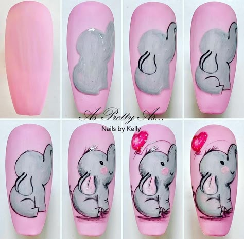 Diy Nail Designs Step By Step, Elephant Nail Art, Elephant Nails, Beginner Nail Designs, Disney Nail Designs, Nail Art Stencils, 3d Nail Art Designs, Nail Art Diy Easy, Animal Nail Art