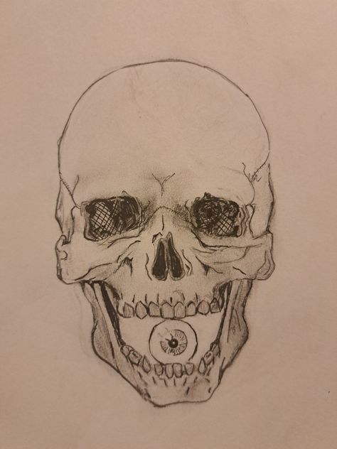 Human skull biting eye. This drawing is made with pencils & ink. Evil Mouth Drawing, Skull Open Mouth Reference, Skull Teeth Drawing, Laughing Skull Drawing, Skull Open Mouth Drawing, Eye Ball Sketch, Skull Opening Mouth Drawing, Front Facing Skull Drawing, Skull With Mouth Open