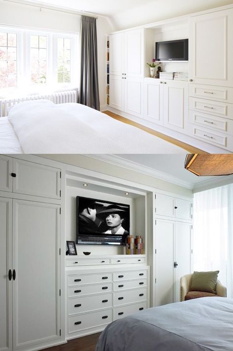 del estilo de lo que conversamos Tv In The Bedroom, Decorating Around A Tv, Bedroom Built Ins, Bedroom Built In Wardrobe, Closet Built Ins, Bedroom Cabinets, Wall Closet, Build A Closet, Dekorasi Kamar Tidur