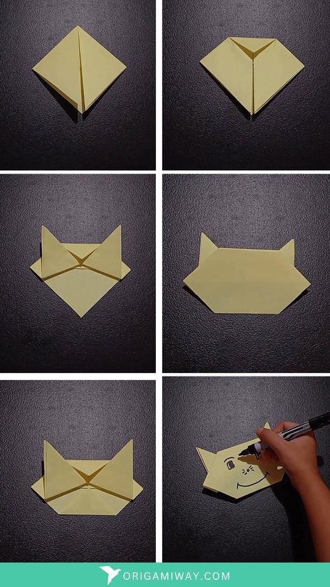 A yellow origami cat face head Origami Cat Face, Paper Folding, Cat Face, Sheet Of Paper, Origami, Diy And Crafts, Color