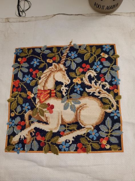 [FO] Medieval Unicorn Needlepoint by atAntiqueStitch on Etsy. Finished a couple of months ago finally got pictures. :) : CrossStitch Last Unicorn Cross Stitch, Cross Stitch Medieval Pattern, Medieval Cross Stitch Patterns, Whimsical Cross Stitch, Cross Stitch Tapestry, Unicorn Needlepoint, Medieval Needlepoint, Medieval Embroidery Patterns, Medieval Cross Stitch