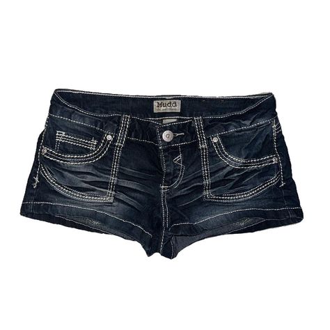 low waist dark wash denim mini shorts from Mudd... - Depop Mini Shorts Outfit, Low Waist Shorts, Dark Denim Shorts, Mini Denim Shorts, Digital Closet, Skirt Y2k, Funky Outfits, Shorts Denim, Tokio Hotel