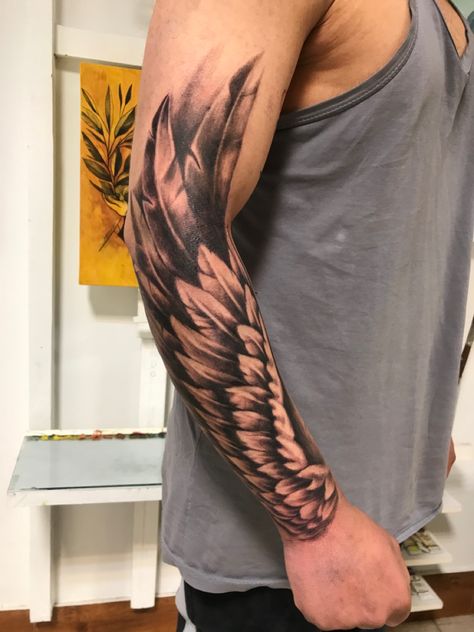 Forarm Tattoos Coverup, Wing Forearm Tattoo For Men, Feather Sleeve Tattoo, Forearm Wing Tattoo, Wing Tattoo Arm, Tattoos Wings, Maori Tattoo Arm, Polka Tattoo Designs, Trash Polka Tattoos