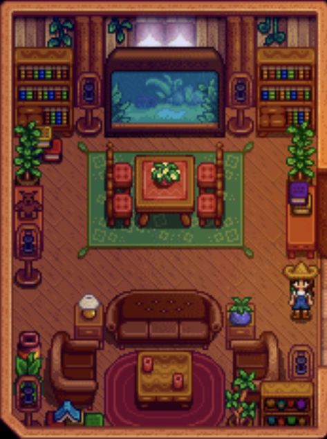 Stardew Grandpas Farm Layout, Frontier Farm Stardew Valley, Stardew Guest House, Stardew Valley Events, Stardew Valley Furnace Room, Stardew Valley Artifacts Layout, Stardew Valley Farmhouse Color, Grange Display Stardew Valley, Stardew Valley Plant Room